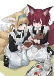 2girls alternate_costume animal_ears apron arknights black_collar black_dress black_footwear blonde_hair braid braided_hair_rings collar collared_dress commentary cookie cup dress enmaided food fox_ears fox_girl fox_tail frilled_apron frills green_eyes hair_between_eyes hair_rings highres holding holding_plate holding_stuffed_toy infection_monitor_(arknights) kitsune kyuubi long_sleeves maid maid_apron mary_janes morte_(arknights) multicolored_hair multiple_girls multiple_tails open_mouth parted_lips plate purple_hair shamare_(arknights) shoes short_hair sitting stuffed_toy stuffed_wolf suzuran_(arknights) tail tea teacup teapot twintails two-tone_hair violet_eyes waichi wariza white_apron white_hair 