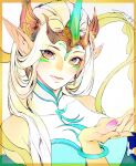  1girl alternate_costume bare_shoulders border bracelet breasts closed_mouth detached_sleeves earrings facial_mark fingernails forehead_mark green_horns green_nails hair_ornament highres horns immortal_journey_soraka jewelry jian_tai_(cuoyu0) large_breasts league_of_legends light_blush long_hair looking_at_viewer multicolored_eyes nail_polish official_alternate_costume orange_border parted_bangs petals pink_lips pointy_ears signature simple_background single_horn smile solo soraka_(league_of_legends) upper_body white_background white_hair 