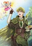  1boy blunt_bangs brown_eyes color_guide fire_emblem fire_emblem:_three_houses flower green_hair highres ignatz_victor kunio92031_o leaf male_focus open_mouth paintbrush quill solo teeth tree 