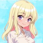  1girl blonde_hair blue_background blush closed_mouth collared_shirt colored_inner_hair commentary_request highres kagenori long_hair looking_at_viewer multicolored_hair original pink_hair portrait shirt smile solo violet_eyes white_shirt 