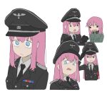  1girl black_cat03 black_gloves black_headwear black_jacket black_necktie blue_eyes bocchi_the_rock! collar_tabs collared_shirt cube_hair_ornament gloves gotoh_hitori green_jacket hair_ornament hand_up hat hat_ornament jacket long_hair nazi necktie officer one_side_up peaked_cap pink_hair red_armband salute shirt simple_background skull_hat_ornament solo ss_insignia ss_uniform totenkopf upper_body waffen-ss white_background white_shirt 