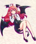  1girl ahoge bat_wings black_footwear black_skirt black_vest black_wings blush breasts buttons carbohydrate_(asta4282) collared_shirt commentary_request demon_girl demon_tail drop_earrings drop_shadow earrings flying_sweatdrops full_body hair_between_eyes head_wings highres jewelry koakuma long_hair long_sleeves looking_at_viewer medium_bangs necktie open_mouth pencil_skirt pointy_ears red_eyes red_necktie redhead shirt sidelocks simple_background skirt skirt_set small_breasts solo tail touhou vest white_shirt wings 