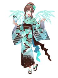  1girl :d ame_tyaya aqua_bow aqua_eyes aqua_kimono aqua_nails bow brown_hair chain_paradox energy_wings flower food full_body hair_flower hair_ornament hair_up highres holding holding_food holding_spoon japanese_clothes kimono looking_at_viewer mitoma_mao obi sandals sash shaved_ice sidelocks smile spoon standing transparent_background wide_sleeves wings 