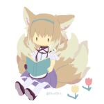  1girl animal_ear_fluff animal_ears arknights artist_name black_footwear black_gloves blonde_hair blue_hairband book braid braided_hair_rings commentary_request dress erandhl fox_ears fox_girl fox_tail frilled_sleeves frills full_body gloves hair_rings hairband holding holding_book kitsune kyuubi multicolored_hair multiple_tails pantyhose purple_dress shoes short_sleeves simple_background single_glove sitting solo suzuran_(arknights) tail twitter_username two-tone_hair white_background white_hair white_pantyhose yellow_eyes |_| 