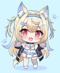  1girl adju_ster animal_ear_fluff animal_ears bandaid_hair_ornament belt black_collar black_jacket blonde_hair blue_background blue_belt blue_hair blue_hairband blush chibi collar dog_girl dress fake_horns fang full_body fur-trimmed_jacket fur_trim fuwawa_abyssgard hair_ornament hairband hairpin hands_up hololive hololive_english horns jacket long_sleeves looking_at_viewer multicolored_hair open_clothes open_jacket open_mouth paw_print paw_print_background red_eyes simple_background single_thighhigh smile solo standing streaked_hair thigh-highs two_side_up virtual_youtuber white_dress 