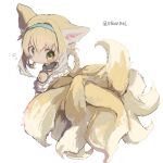  1girl animal_ear_fluff animal_ears arknights artist_name bare_shoulders black_collar blonde_hair blue_hairband braid braided_hair_rings collar commentary_request erandhl fox_ears fox_girl fox_tail from_behind green_eyes hair_between_eyes hair_rings hairband highres infection_monitor_(arknights) kitsune kyuubi looking_back multicolored_hair multiple_tails oripathy_lesion_(arknights) short_hair simple_background solo suzuran_(arknights) tail twitter_username two-tone_hair white_background white_hair 