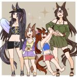  4girls :d :o aged_down alternate_costume anger_vein animal_ears asuka_(junerabitts) bandaid bandaid_on_face bandaid_on_nose bare_shoulders barefoot baseball_cap black_hair black_headwear black_jacket black_shorts blue_eyes bow brown_hair collarbone cup ear_piercing ears_through_headwear full_body green_shirt groin hair_between_eyes hair_bow hair_flaps hair_ornament hairclip hands_in_pockets hat high_ponytail holding holding_cup horse_ears horse_girl horse_tail jacket jewelry long_hair long_sleeves looking_at_another looking_to_the_side midriff mouth_hold multicolored_hair multiple_girls narita_brian_(umamusume) navel necklace off-shoulder_shirt off_shoulder piercing pink_bow pink_shorts ponytail purple_sweater red_eyes ribs sandals shirt short_hair shorts sirius_symboli_(umamusume) smile stalk_in_mouth streaked_hair sunglasses sweater swimsuit tail tokai_teio_(umamusume) tsurumaru_tsuyoshi_(umamusume) two-tone_hair umamusume white_hair yellow_eyes 
