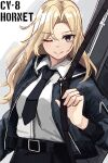  1girl belt belt_buckle black_belt black_jacket black_necktie black_skirt blonde_hair bomber_jacket buckle character_name dress_shirt grey_eyes highres hornet_(kancolle) jacket kantai_collection kapatarou long_hair necktie shirt skirt smile solo strap upper_body weapon_case white_shirt 