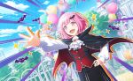 1girl balloon cloud day dress fang fang_out fence official_art ootori_emu open_mouth pink_eyes pink_hair project_sekai short_hair smile solo vampire