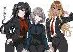  3girls :d absurdres arm_up belt belt_buckle black_belt black_eyes black_hair black_jacket black_necktie black_pants black_vest blazer blue_eyes blue_necktie blue_shirt blush brown_belt brown_hair buckle closed_mouth collared_shirt commentary_request cowboy_shot dress_shirt grey_hair hand_on_own_hip head_tilt highres idolmaster idolmaster_shiny_colors izumi_mei jacket kinomiki long_hair long_sleeves looking_at_viewer mayuzumi_fuyuko multiple_girls necktie open_clothes open_jacket open_mouth pants red_shirt serizawa_asahi shirt short_hair simple_background sitting sleeves_past_wrists smile straylight_(idolmaster) suit tan teeth tomboy two_side_up upper_teeth_only vest white_background white_shirt 