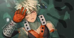  1boy bakugou_katsuki blonde_hair boku_no_hero_academia gloves hand_up injury lying male_focus mask mask_removed on_back one_eye_closed partially_submerged red_eyes short_hair solo spiky_hair superhero water yeol2510 