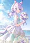  1girl animal_ears blush bouquet closed_mouth day dress flower green_dress highres holding holding_bouquet horse_ears horse_girl horse_tail kurumi_lm light_purple_hair long_hair looking_at_viewer mejiro_mcqueen_(umamusume) outdoors purple_flower smile solo tail umamusume violet_eyes white_flower 
