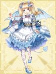  1girl argyle argyle_legwear blonde_hair blue_dress blue_eyes blue_footwear blue_horns blue_wings bow chain_paradox dress frilled_dress frills hair_bow highres horns natsume_alice pantyhose skirt_hold smile standing standing_on_one_leg tail tsukiko_(moon_arc) twintails white_dress wide_sleeves wings yellow_background 