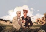  2boys angel aziraphale_(good_omens) black_jacket black_shirt blurry bow bowtie brown_vest clouds cloudy_sky crowley_(good_omens) demon demon_boy depth_of_field eyewear_on_head flower good_omens hand_on_own_hip highres jacket looking_at_another multiple_boys pinn-n redhead shirt sky slit_pupils string_around_neck suit sunflower vest white_hair white_suit yellow_eyes 