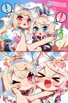  ! &gt;_&lt; 2girls absurdres animal_ear_fluff animal_ears blonde_hair blue_eyes blush_stickers chibi chin_on_palm_challenge dog_ears fangs fuwawa_abyssgard happy highres hololive hololive_english looking_at_viewer mococo_abyssgard multicolored_hair multiple_girls one_eye_closed open_mouth pink_eyes sakuramochi_(sakura_frappe) skin_fangs spoken_exclamation_mark streaked_hair virtual_youtuber 