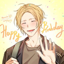  1boy absurdres black_jacket blonde_hair closed_eyes given green_shirt happy_birthday highres jacket lower_teeth_only male_focus nakayama_haruki open_mouth pinoli_(pinoli66) portrait shirt short_hair smile solo teeth waving yellow_background 