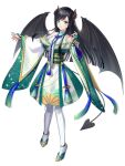  1girl black_hair black_wings brown_horns chain_paradox charlotte_ami dress full_body green_eyes horns kansai_takeru long_hair looking_at_viewer pantyhose solo standing tail tassel white_pantyhose wide_sleeves wings 