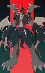  armor black_background claws collarbone degarashi_(ponkotsu) digimon digimon_(creature) digimon_adventure_02 fake_horns full_body helmet horned_helmet horns looking_at_viewer no_humans paildramon red_background shoulder_spikes solo spikes standing wings 