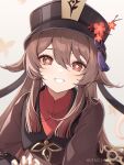  1girl 6u_(eternal_land) artist_name black_headwear bright_pupils brown_coat brown_hair coat flower flower-shaped_pupils genshin_impact hat hat_flower hat_tassel hu_tao_(genshin_impact) long_hair long_sleeves plum_blossoms porkpie_hat red_eyes red_shirt shirt signature smile solo symbol-shaped_pupils teeth twitter_username white_pupils 