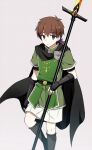  1boy aged_down belt black_belt black_cape black_gloves blue_ribbon brown_eyes brown_hair cape closed_mouth fate/grand_order fate_(series) fingerless_gloves frown fuyuki_(neigedhiver) gloves green_tunic grey_background hair_ribbon hector_(fate) holding holding_polearm holding_weapon long_hair male_focus polearm ribbon shorts sweatdrop weapon white_shorts 