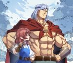  1boy 1girl belt blue_eyes blue_hair cape gloves hand_on_own_hip helck helck_(character) long_hair looking_at_another muscular muscular_male no_shirt nyoro_(nyoronyoro000) open_mouth pointy_ears redhead vamirio yellow_eyes 