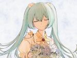  1girl apu-chm blue_flower blush bouquet bow bowtie closed_eyes closed_mouth clouds cloudy_sky collared_shirt day detached_collar earrings facing_viewer floating_hair flower flower_earrings green_hair hair_between_eyes hair_flower hair_ornament hatsune_miku highres holding holding_bouquet jewelry long_hair off-shoulder_shirt off_shoulder orange_bow orange_bowtie outdoors overcast shirt sidelocks sky smile solo twintails vocaloid white_flower yellow_shirt 