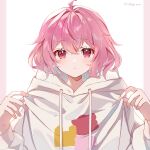  1girl highres hood hoodie intkrgr_anm niconico nqrse pink_eyes pink_hair pulled_by_self short_hair solo utaite white_hoodie 