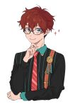  1boy amagi_hiiro aqua_eyes bespectacled closed_mouth diagonal-striped_necktie ensemble_stars! fingernails glasses hands_up kantai_collection keito_lecture_(ensemble_stars!) long_sleeves looking_at_viewer male_focus medallion naihowda official_alternate_costume redhead shirt short_hair simple_background solo star_(symbol) striped striped_shirt suspenders upper_body vertical-striped_shirt vertical_stripes white_background 