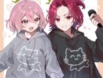  1boy 1girl araki_(utaite) black_hoodie forehead grey_hoodie holding holding_microphone hood hoodie intkrgr_anm long_sleeves microphone niconico nqrse open_mouth pink_eyes pink_hair red_eyes redhead short_hair smile teeth utaite 