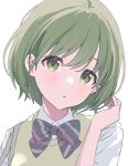  1girl bag blush bob_cut bow bowtie collared_shirt commentary_request green_eyes green_hair hand_in_own_hair highres idolmaster idolmaster_shiny_colors looking_at_viewer momomoi_momoi nanakusa_nichika parted_lips portrait school_bag school_uniform shirt short_hair simple_background solo striped striped_bow striped_bowtie sweater_vest white_background white_shirt 
