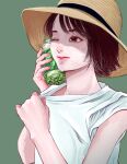  1girl ;) bottle brown_eyes brown_hair eyelashes green_background hand_up hat highres holding holding_bottle one_eye_closed shiraco_(sgdv2435) shirt shirt_tug short_hair smile solo straw_hat summer sun_hat sweat t-shirt upper_body white_shirt yellow_headwear 