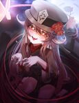  1girl absurdres black_shorts blush boo_tao_(genshin_impact) brown_hair chinese_clothes fang flower flower-shaped_pupils genshin_impact gradient_hair hat hat_ornament highres hu_tao_(genshin_impact) jewelry kenka_(user_hrjm2543) long_hair long_sleeves looking_at_viewer multicolored_hair plum_blossoms porkpie_hat red_eyes red_shirt ring shirt shorts sidelocks skin_fang symbol-shaped_pupils thighs tongue twintails 