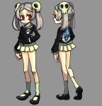  1girl alternate_costume black_jacket bloody_marie_(skullgirls) expressionless full_body grey_background grey_hair hair_ornament highres jacket letterman_jacket madamerinrin miniskirt multiple_views red_eyes ribs skirt skull_hair_ornament skullgirls twintails 