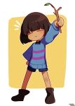  1other arm_up artist_name blue_shorts blue_sweater bob_cut boots brown_footwear closed_eyes closed_mouth commentary dark_skin dated frisk_(undertale) hand_on_own_hip head_tilt highres holding holding_stick korean_commentary leaf notice_lines outline outside_border pink_sweater short_hair short_shorts shorts signature smug spread_legs standing stick sweater two-tone_sweater undertale v-shaped_eyebrows white_outline wongang yellow_background 