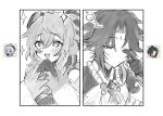  1boy 1girl blush commentary_request ganyu_(genshin_impact) genshin_impact greyscale horns inagoinaire medium_hair monochrome one_eye_closed own_hands_together photo-referenced rubbing_eyes sidelocks sketch sparkle upper_body xiao_(genshin_impact) 