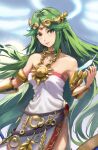 1girl armlet athenawyrm bare_shoulders breasts chiton circlet collarbone dress forehead_jewel green_eyes green_hair highres jewelry kid_icarus kid_icarus_uprising long_hair medium_breasts neck_ring palutena parted_bangs pendant solo strapless strapless_dress vambraces very_long_hair white_dress 