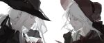  2girls bloodborne bonnet colored_skin flower hat highres jiao_chang lady_maria_of_the_astral_clocktower multiple_girls plain_doll ponytail portrait rose simple_background tricorne white_background white_eyes white_hair white_skin 
