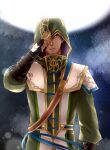  1boy black_gloves brown_hair chinese_clothes facial_hair fingerless_gloves full_moon gloves green_shirt highres hood hood_over_one_eye hood_up long_sleeves male_focus moon night one_eye_covered parted_lips ryugun sash shin_sangoku_musou shirt short_hair solo upper_body xu_shu yellow_eyes 