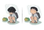  1boy animal backpack bag black_eyes black_hair child closed_mouth cutystuffy frog full_body grey_shirt kageyama_shigeo looking_at_animal male_child male_focus mob_psycho_100 puffy_cheeks shirt shoes short_hair short_sleeves shorts simple_background solo squatting white_background 