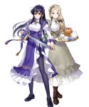  2girls apron asatani_tomoyo ayra_(fire_emblem) black_hair blonde_hair breasts dress fire_emblem fire_emblem:_genealogy_of_the_holy_war fire_emblem:_three_houses fire_emblem_heroes full_body highres holding long_skirt long_sleeves maid maid_headdress medium_breasts mercedes_von_martritz multiple_girls non-web_source official_art pantyhose puffy_sleeves shoes side_slit skirt transparent_background violet_eyes wrist_cuffs 