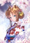  1girl absurdres alternate_hairstyle animal_ears arms_at_sides blue_eyes blurry blurry_foreground blush breasts brown_hair cherry_blossoms closed_mouth floral_print grass_wonder_(umamusume) hair_bun hair_ornament half-closed_eyes haori highres horse_ears japanese_clothes kimono long_hair looking_at_viewer obi petals sash small_breasts smile solo umamusume upper_body white_kimono yomean! yukata 