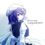  1girl blue_eyes blue_hair blue_vest english_text engrish_text highres koyane_(silver81106) letty_whiterock looking_at_viewer medium_hair ranguage shirt solo touhou vest waist_ribbon white_headwear white_shirt 