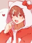  1boy 87coco bow brown_hair commentary_request ensemble_stars! hand_up heart hood hood_up hooded_jacket jacket long_sleeves looking_at_viewer male_focus morisawa_chiaki open_clothes open_jacket open_mouth red_bow red_eyes short_hair solo upper_body 