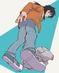  1boy black_eyes black_hair blue_background blue_pants brown_jacket commentary_request dog fingernails from_below full_body grey_footwear highres inudori itou_kaiji jacket kaiji long_hair looking_down male_focus medium_bangs pants parted_lips shoes sneakers solo 