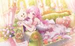1girl alternate_hairstyle balloon couch decorations dress flower grass heart long_hair looking_at_viewer official_art ootori_emu pink_eyes pink_hair project_sekai rose solo sparkle teddy_bear white_dress window