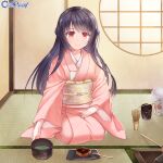  1girl black_hair chain_paradox copyright_name food indoors japanese_clothes kimono long_hair looking_at_viewer miyagino_kyouka morino_miyako obi pink_kimono red_eyes sash seiza sitting solo tatami tea wide_sleeves window 