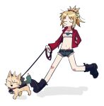  1girl animal black_footwear blonde_hair boots character_request closed_eyes denim denim_shorts dog fang fate/apocrypha fate/grand_order fate_(series) full_body hair_ornament hair_scrunchie hand_in_pocket highres holding holding_leash jacket jewelry leash mordred_(fate) mordred_(memories_at_trifas)_(fate) mouth_hold necklace open_clothes open_jacket open_mouth pet_walking ponytail red_jacket red_scrunchie scrunchie short_shorts shorts simple_background u_u uotsu_(sabakou) white_background 