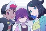  1boy 2girls :d aqua_eyes black_hair black_headwear black_vest blush cardigan closed_mouth commentary_request cowlick dot_(pokemon) eyelashes green_jacket hair_over_eyes hat jacket liko_(pokemon) multiple_girls open_clothes open_mouth open_vest pokemon pokemon_(anime) pokemon_horizons purple_hair red_eyes roy_(pokemon) sasa_kado_(redbluemoon74) shirt short_hair smile sweatdrop tank_top teeth upper_body upper_teeth_only vest white_shirt yellow_bag 