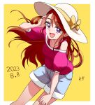  1girl birthday border bow earrings hand_on_own_head hand_on_own_thigh hand_up hat hat_bow highres hijiri_ageha hirogaru_sky!_precure jewelry leaning_forward long_hair looking_at_viewer open_mouth orange_hair pink_shirt precure ring shirt shorts solo stud_earrings swept_bangs violet_eyes white_border white_headwear wide_brim yellow_background yellow_bow zerolay 