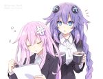  2girls alternate_costume blue_eyes braid breasts coffee hair_ornament long_hair looking_at_another medium_breasts multiple_girls neptune_(series) office_lady open_mouth pink_hair purple_hair purple_heart purple_sister simple_background tsunako twin_braids 